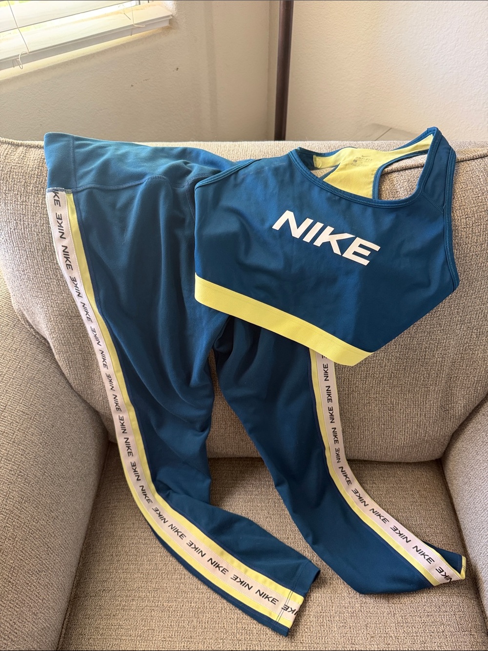 Nike Teal Crop Top & Teal Leggings with Yellow Trim